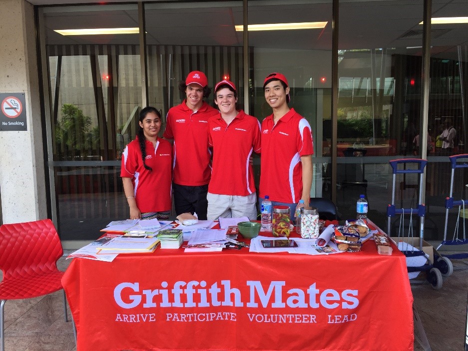 Griffith Mates Volunteers getting ready for the 3pm campus tour. From left: Jasmin Kaur, Jack Wilkinson, Patrick Cook and Jeffery Lau. 25th February 2015. Photo: Hannah Sbeghen